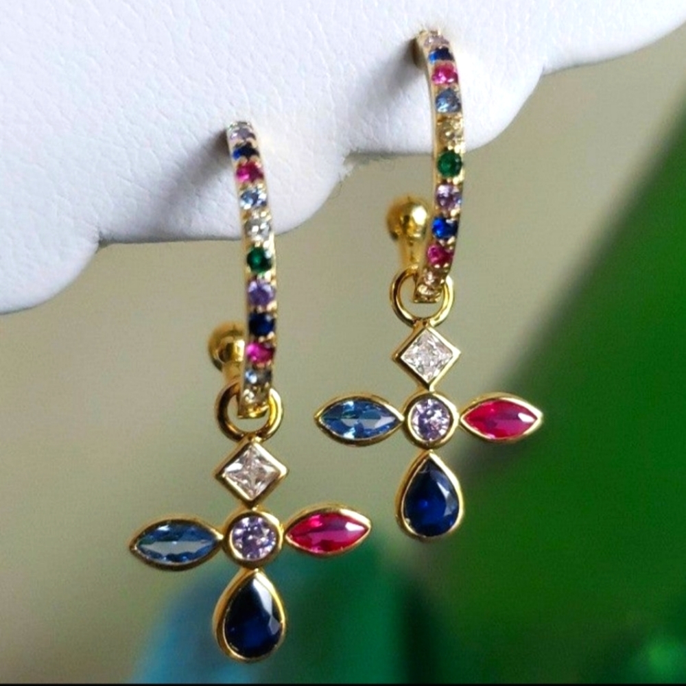 18KT GOLD CRYSTAL DIAMOND CZ SAPPHIRE RUBY GARNET TOPAZ AMETHYST DAMGLE CROSS
